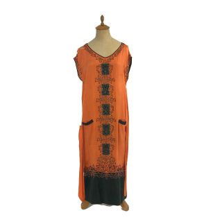 True Vintage 1920s Flapper Dress Orange Black Satin Embroidered Fragile U1