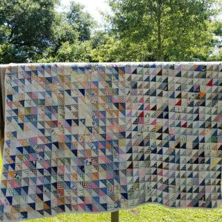 Half Square Triangle Patchwork Quilt Hand Sewn Quilted Multicolor Vintage