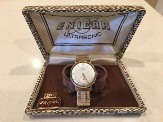 Vintage Men ' s ENICAR 17 jewel automatic,  Swiss.  case & store receipt 2