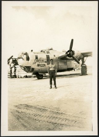 Shirtless Man By Wwii Military Aircraft " Circus Wagon " Vintage Photo