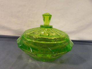 Vintage Green Vaseline Glass Covered Candy Dish