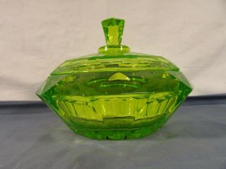 Vintage Green Vaseline Glass Covered Candy Dish 2