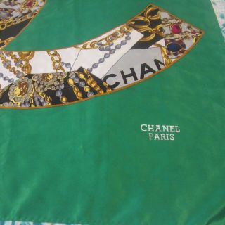 Vintage Chanel Jeweled Massive Cc Logo Green Multi 34x33 " Silk Scarf