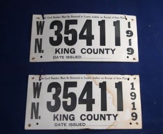Rare Pair 1919 Cardboard Paper Washington King County License Plates