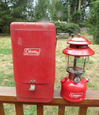 Vintage Coleman 200a ? Round Globe Red Lantern W/ Red Metal Carry Case 2 - 75