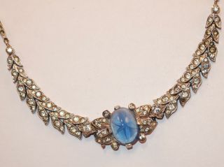 Vintage Art Deco Star Sapphire Cabochon Inset Rhinestones Early Trifari Necklace