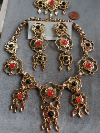 Vintage Nos Rare Massive Designer Statement Necklace Earring Brooch Set D46