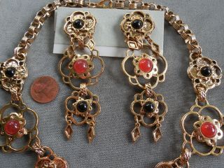 Vintage NOS rare massive designer statement necklace earring brooch set D46 3
