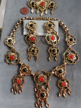 Vintage NOS rare massive designer statement necklace earring brooch set D46 8