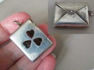 Antique English Victorian Silver Shamrock Envelope Stamp Case Fob Charm Pendant