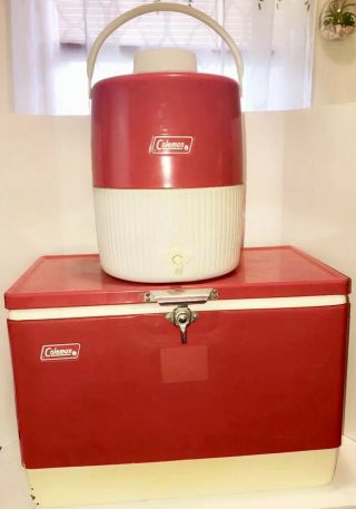 Coleman Cooler Vintage Metal Classic Red With Chrome Locking Latch And Water Jug