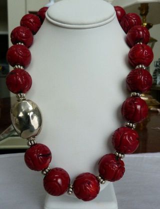 24 " Long Huge 26.  5mm Chinese Carved Red Coral Beads Sterling Silver Necklace