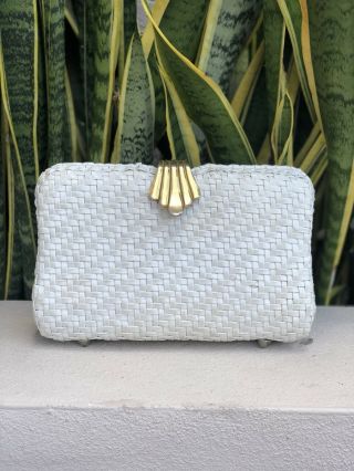 Vintage Magid White Wicker Handbag Evening Bag Clutch Purse 50s 60s Gold Clasp