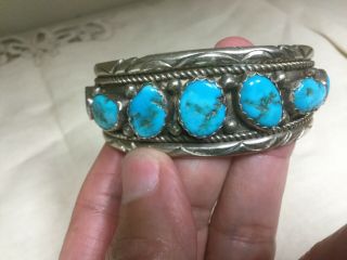 Vintage Large Navajo Turquoise Nugget Cuff Bracelet Sterling Silver 1940 ' s - 50 ' s 6