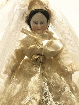 Rare Antique German Covered Wagon China Head Bride Doll.  Cabinet Size