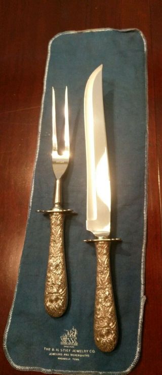 S Kirk& Son Sterling Silver Floral Repousse Carving Set 13 " Knife•fork•stief Bag