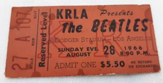 Vtg Krla Beatles Concert Ticket Dodger Stadium August 28 1966 Reserved Level