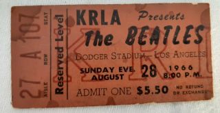 VTG KRLA BEATLES CONCERT TICKET DODGER STADIUM AUGUST 28 1966 RESERVED LEVEL 2