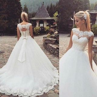 Vintage A Line Lace Wedding Dresses Tulle Bridal Gowns Corset Back With Bow