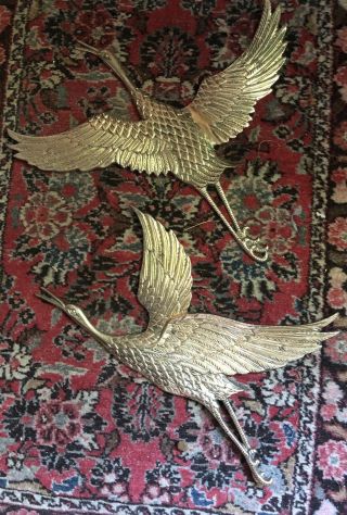 Pair (2) - Mid Century Modern Brass Flying Crane/egret/heron Vintage Wall Art