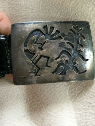 Vintage Hopi Sterling Silver Overlay Belt Buckle W/kokopelli & Cornstalk