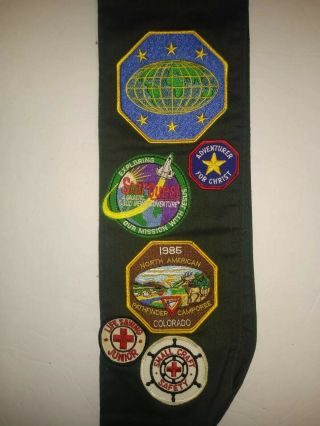 Vtg 1980s SDA Scouts Pathfinder Sash with merit badges and Camporee patches,  EUC 2
