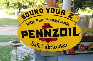 Vintage 1966 Pennzoil Motor Oil Gas Station 2 Sided 31 " Metal Sign