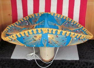 Vintage Pigalle Mexican Sombrero Blue Velvet Western Charro Hat Cowboy Mexico