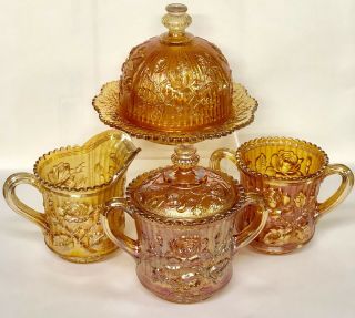 Vintage Imperial Marigold Carnival Glass Lustre Rose 4 Piece Table Set - Butter