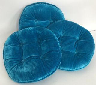 3 Mid Century Blue Velvet Round Tuft Button Throw Pillows Vintage Nos