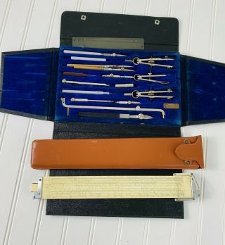 Vintage Charvos No.  815 Drafting Set Keuffel Eased Slide Ruler Bundle