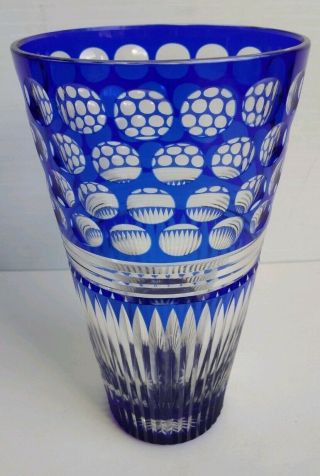 Vintage Bohemian Cobalt Blue Cut To Clear Glass Vase 10 " Cut Circle Dots Facets