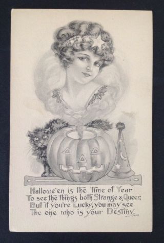 Vintage Gartner & Bender Halloween Postcard - Smoky Woman Image,  Jol,  Black Cat