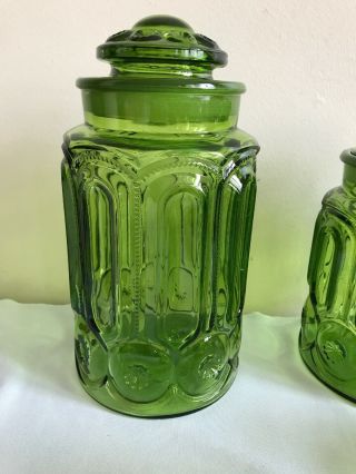 Set of 4 Vintage L.  E Smith Green Glass Moon and Stars Canisters Jars with Lids 2