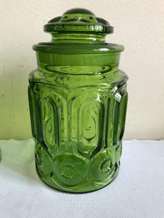 Set of 4 Vintage L.  E Smith Green Glass Moon and Stars Canisters Jars with Lids 3