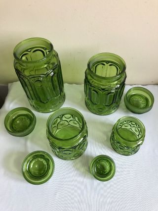 Set of 4 Vintage L.  E Smith Green Glass Moon and Stars Canisters Jars with Lids 6