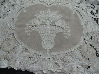 Antique Vtg Table Runner Linen Cut Work Hnd Embroidery Grape Vine Cornucopia 66 "