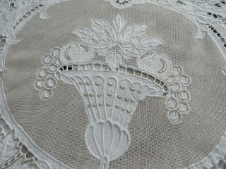 Antique Vtg Table Runner LINEN Cut Work Hnd Embroidery Grape Vine Cornucopia 66 