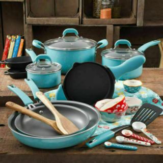 The Pioneer Woman Vintage Speckle 24 Piece Cookware Combo Set Turquoise Pots