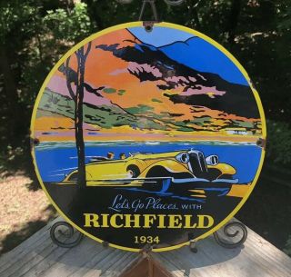 Vintage Richfield Lets Go Places Porcelain Gas Pump Plate Sign Garage Can 1934