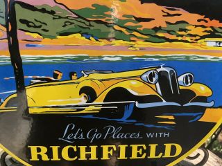 VINTAGE RICHFIELD LETS GO PLACES PORCELAIN GAS PUMP PLATE SIGN GARAGE CAN 1934 6