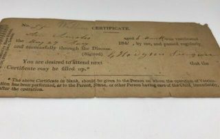 Vintage 1841 Certificate Of Vaccination