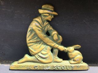 Vintage Brass Girl Scout Plaque Woman With Rabbit