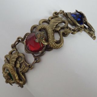 Antique Art Deco Brass Rose Cut Emerald Ruby Sapphire Rhinestone Dragon Bracelet