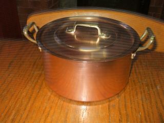 Vintage French Copper Art Cuisine Casserole Stew Pan,  Lid Brass Handle Tin Lined