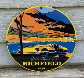 Vintage Richfield Lets Go Places Porcelain Gas Pump Plate Sign Garage Can 1934