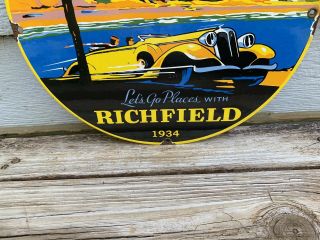 VINTAGE RICHFIELD LETS GO PLACES PORCELAIN GAS PUMP PLATE SIGN GARAGE CAN 1934 5