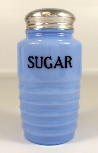 Vtg Jeannette Delphite Delfite Blue Milk Glass Sugar Spice Range Ribbed Shaker