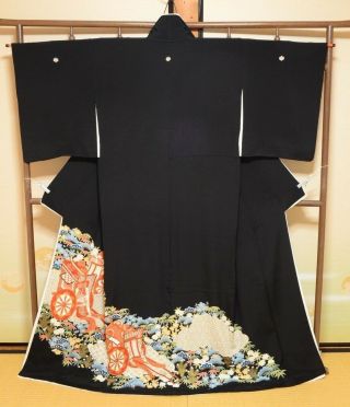 Japanese Vintage Kimono Tomesode Black Silk Goshoguruma Women Costume Robe /570