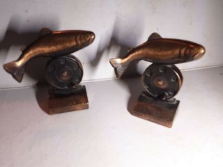Rare Vintage Trout On Fly Reel Bronze Bookends Trout Unlimited Bmc 6 " Tall